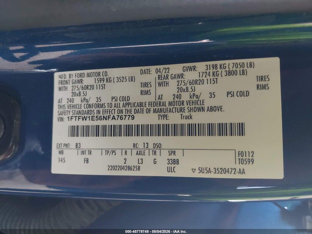 1FTFW1E56NFA76779 2022 FORD F-150 photo no. 9