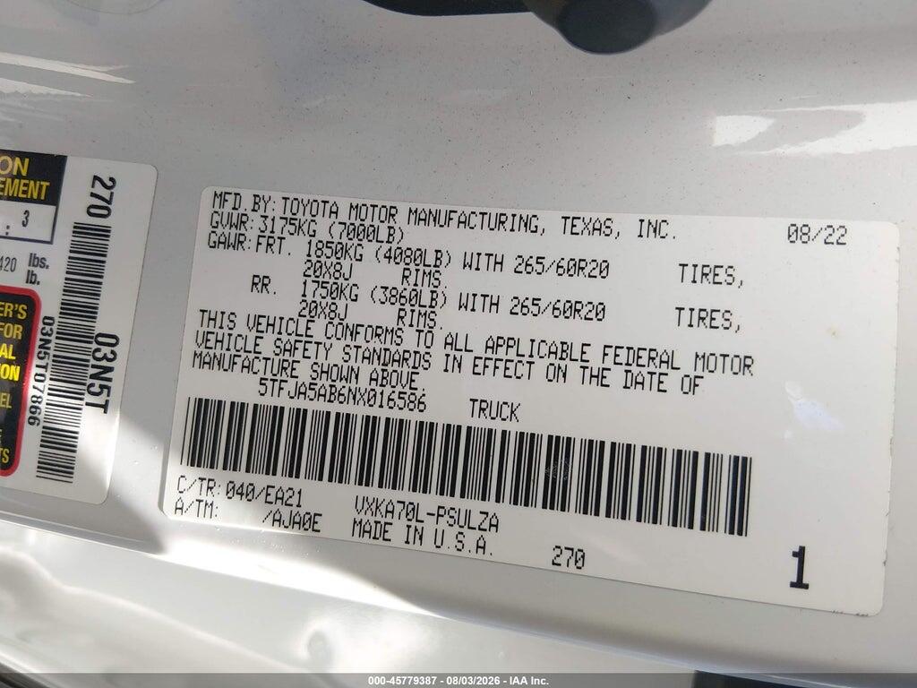 5TFJA5AB6NX016586 2022 TOYOTA TUNDRA photo no. 9