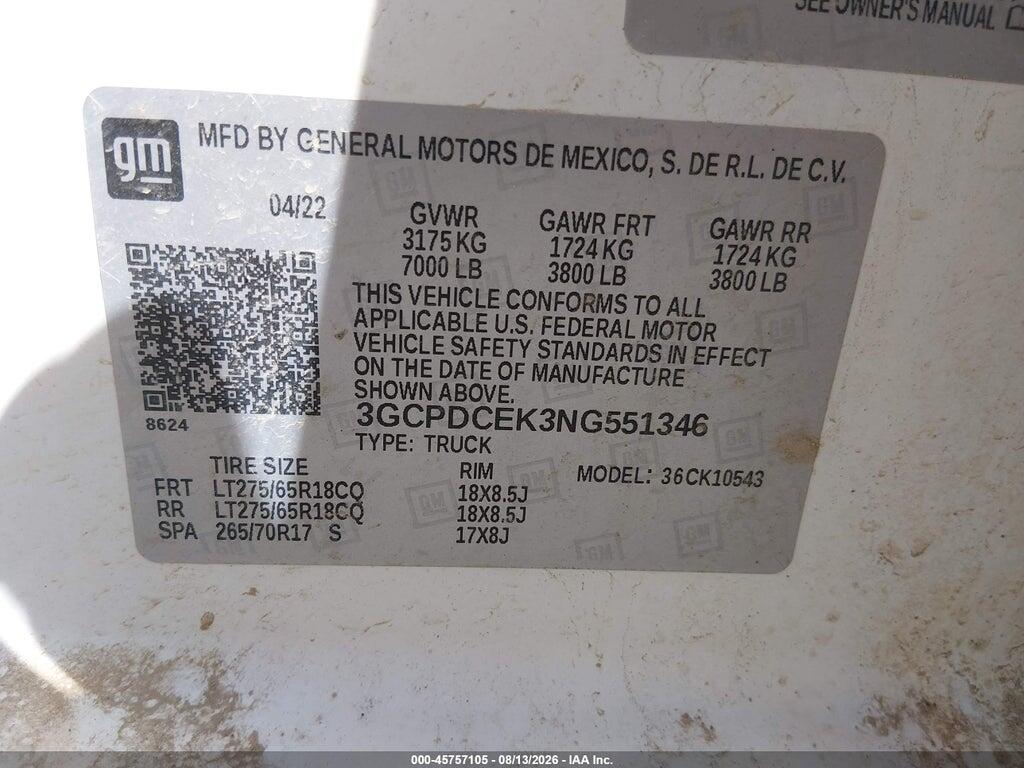 3GCPDCEK3NG551346 2022 CHEVROLET SILVERADO 1500 photo no. 9