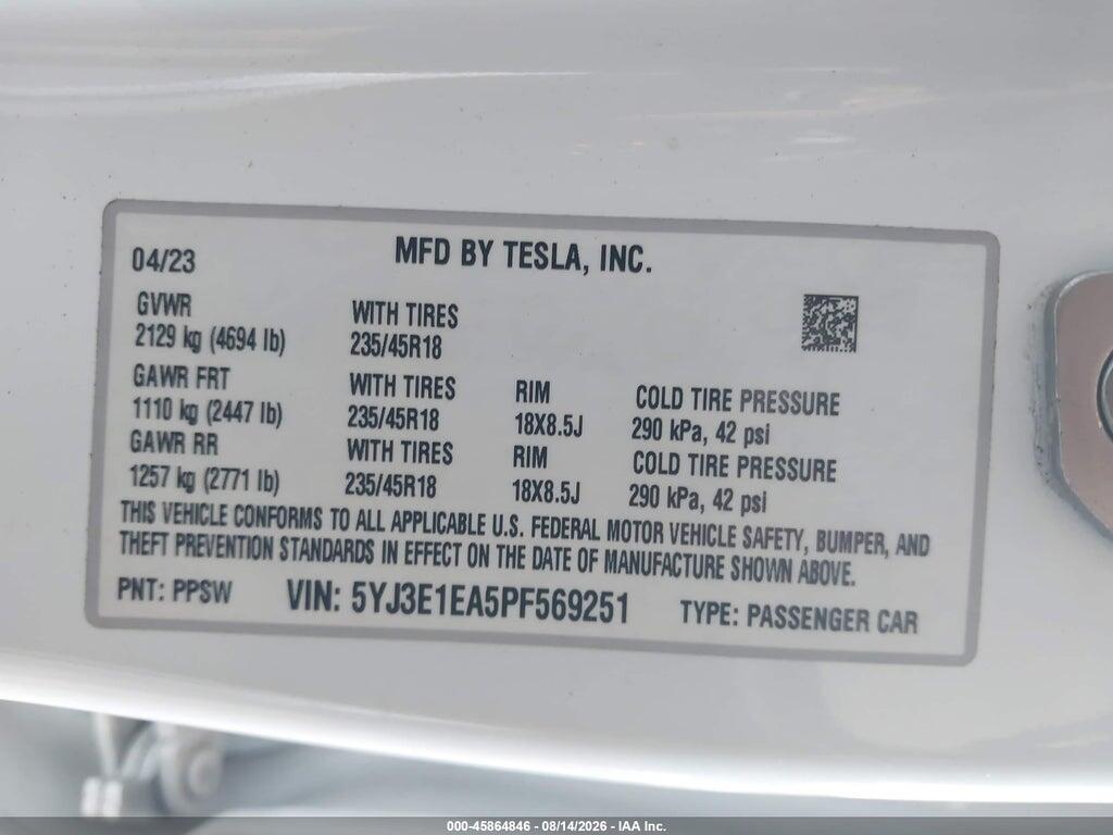 5YJ3E1EA5PF569251 2023 TESLA MODEL 3 photo no. 9