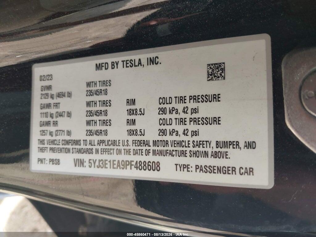 5YJ3E1EA9PF488608 2023 TESLA MODEL 3 photo no. 9