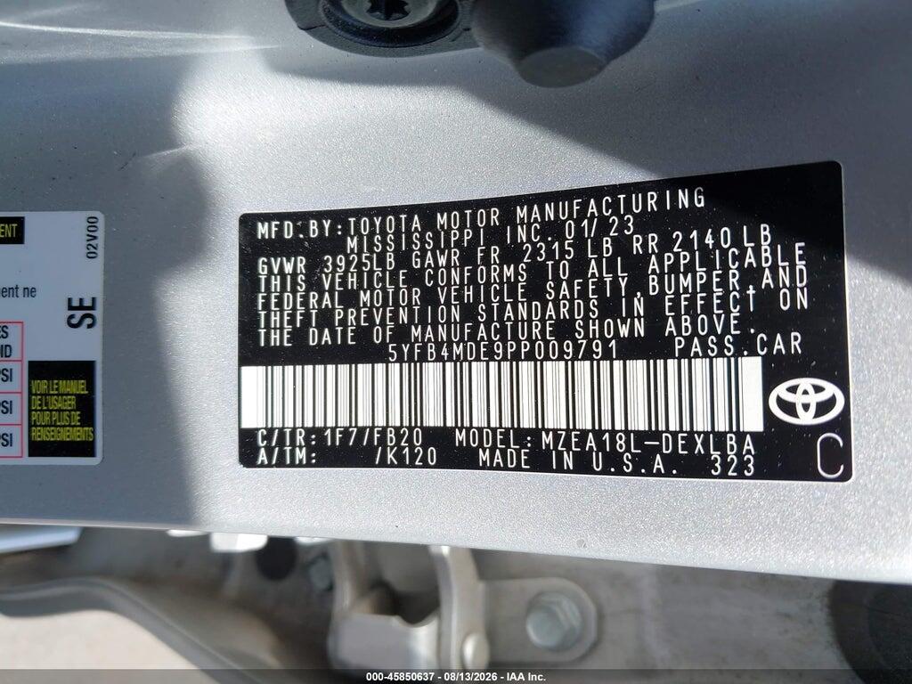 5YFB4MDE9PP009791 2023 TOYOTA COROLLA photo no. 9