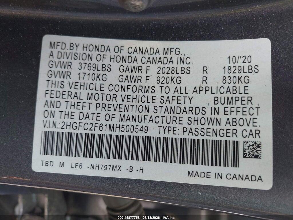2HGFC2F61MH500549 2021 HONDA CIVIC photo no. 9