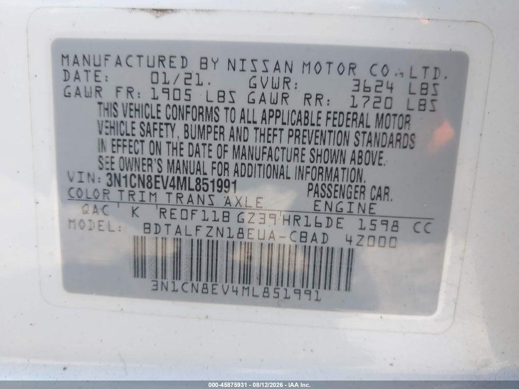 3N1CN8EV4ML851991 2021 NISSAN VERSA photo no. 9