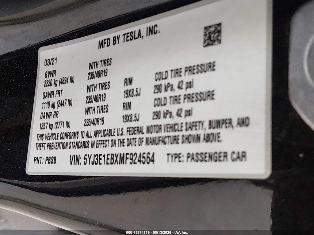 5YJ3E1EBXMF924564 2021 TESLA MODEL 3 photo no. 9