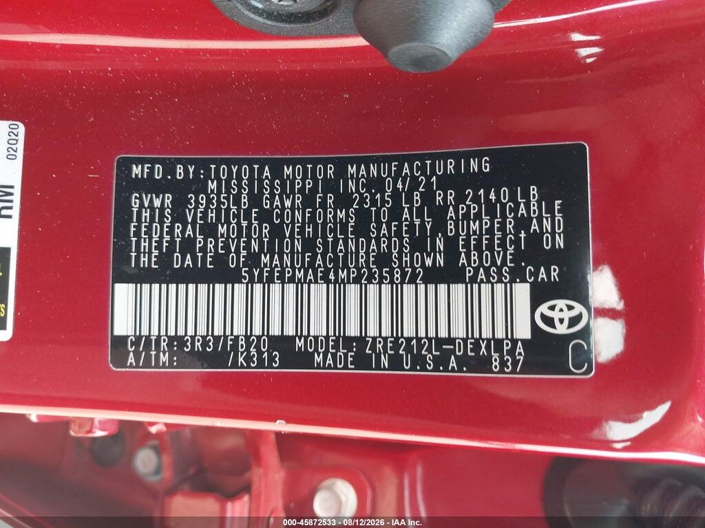 5YFEPMAE4MP235872 2021 TOYOTA COROLLA photo no. 9