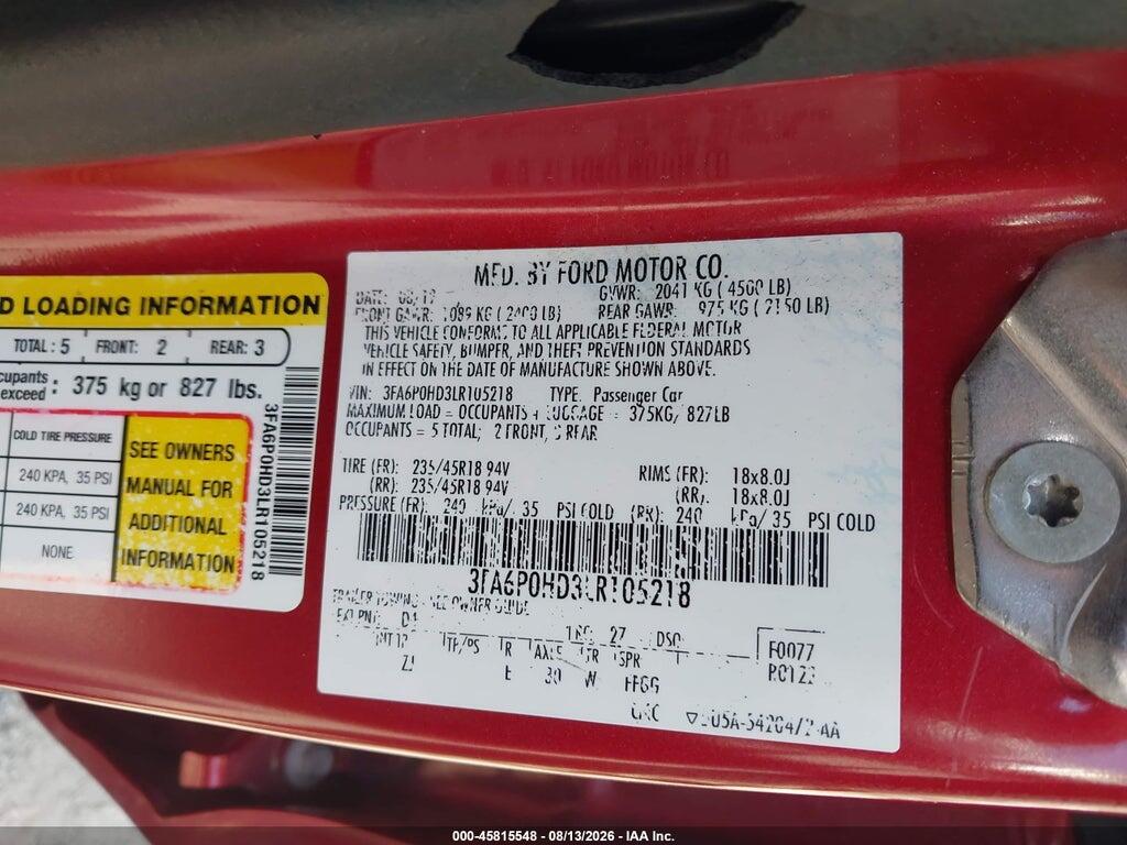 3FA6P0HD3LR105218 2020 FORD FUSION photo no. 9