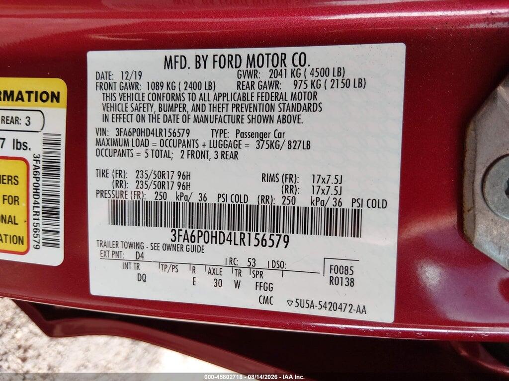 3FA6P0HD4LR156579 2020 FORD FUSION photo no. 9