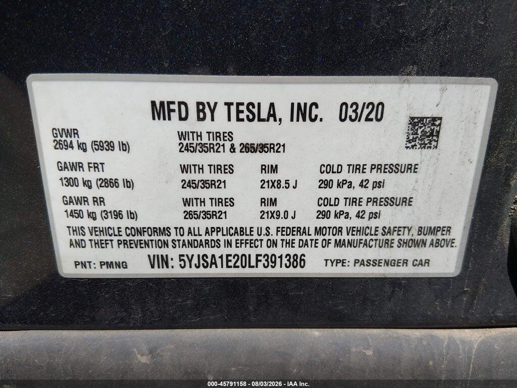 5YJSA1E20LF391386 2020 TESLA MODEL S photo no. 9