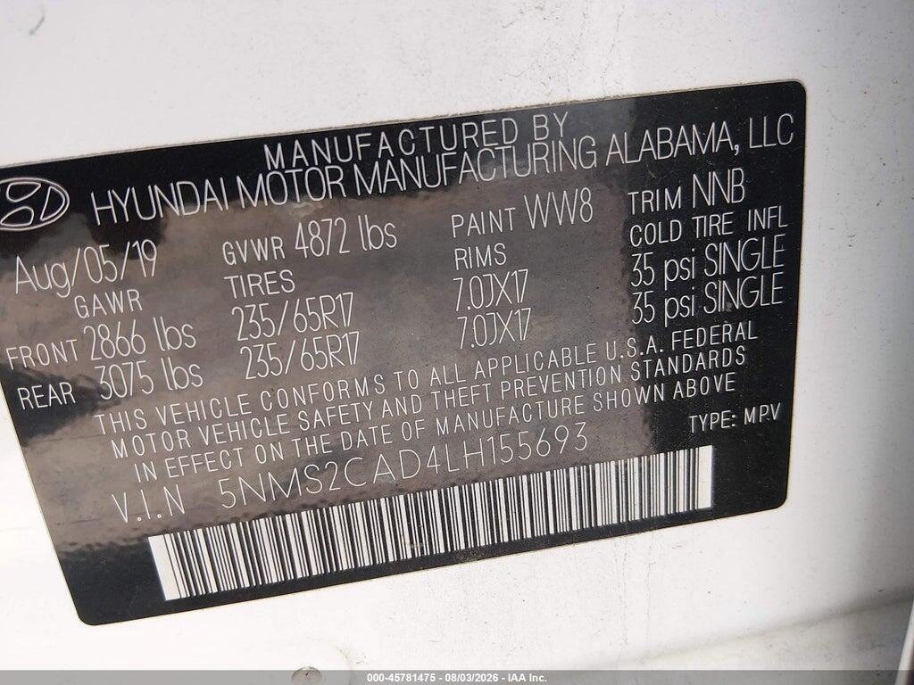 5NMS2CAD4LH155693 2020 HYUNDAI SANTA FE photo no. 9