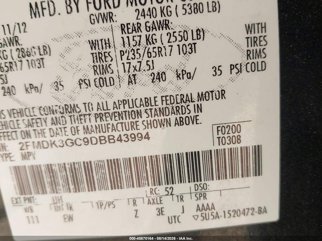 2FMDK3GC9DBB43994 2013 FORD EDGE photo no. 9