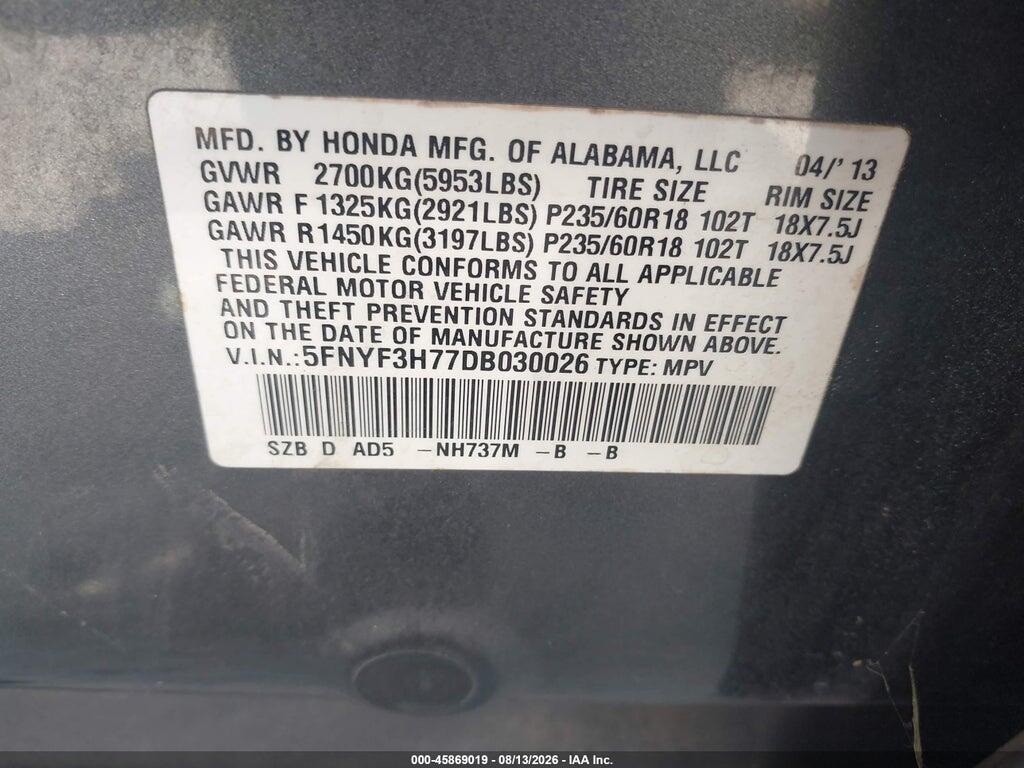 5FNYF3H77DB030026 2013 HONDA PILOT photo no. 9