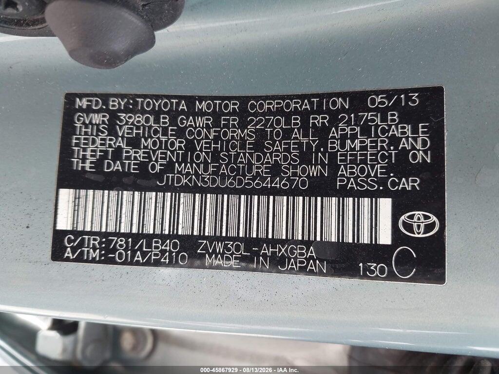 JTDKN3DU6D5644670 2013 TOYOTA PRIUS photo no. 9