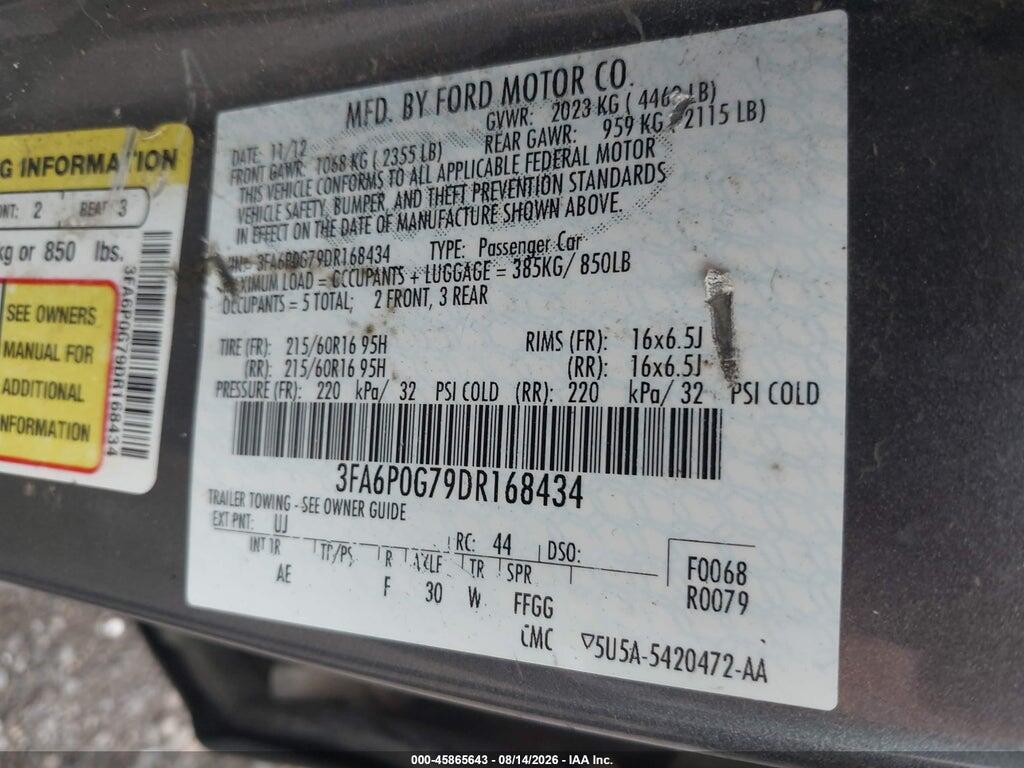 3FA6P0G79DR168434 2013 FORD FUSION photo no. 9