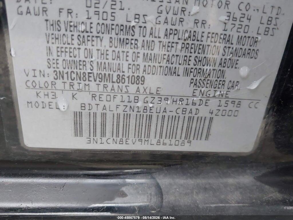 3N1CN8EV9ML861089 2021 NISSAN VERSA photo no. 9