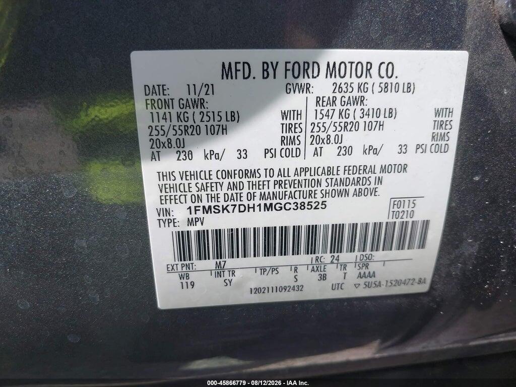 1FMSK7DH1MGC38525 2021 FORD EXPLORER photo no. 9