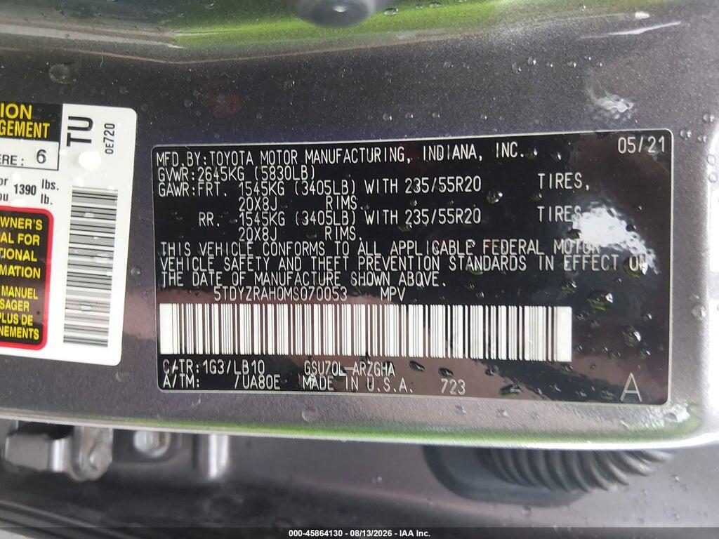 5TDYZRAH0MS070053 2021 TOYOTA HIGHLANDER photo no. 9