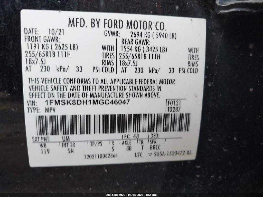1FMSK8DH1MGC46047 2021 FORD EXPLORER photo no. 9