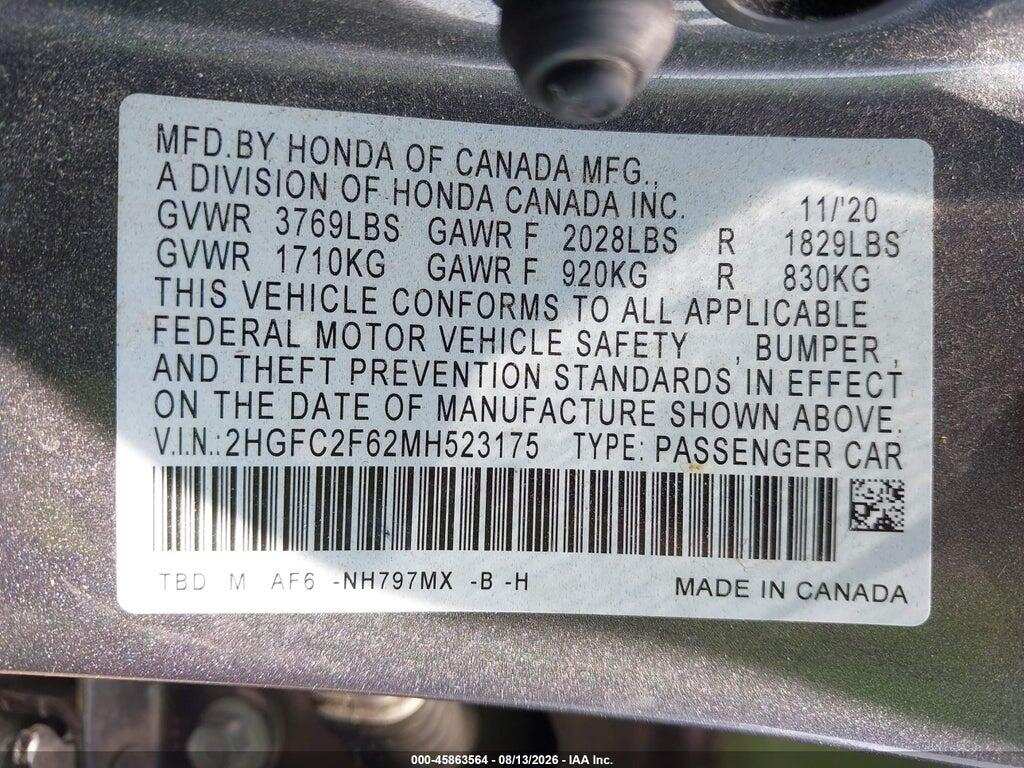 2HGFC2F62MH523175 2021 HONDA CIVIC photo no. 9