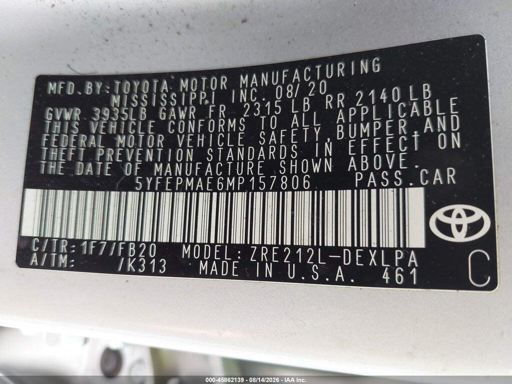 5YFEPMAE6MP157806 2021 TOYOTA COROLLA photo no. 9