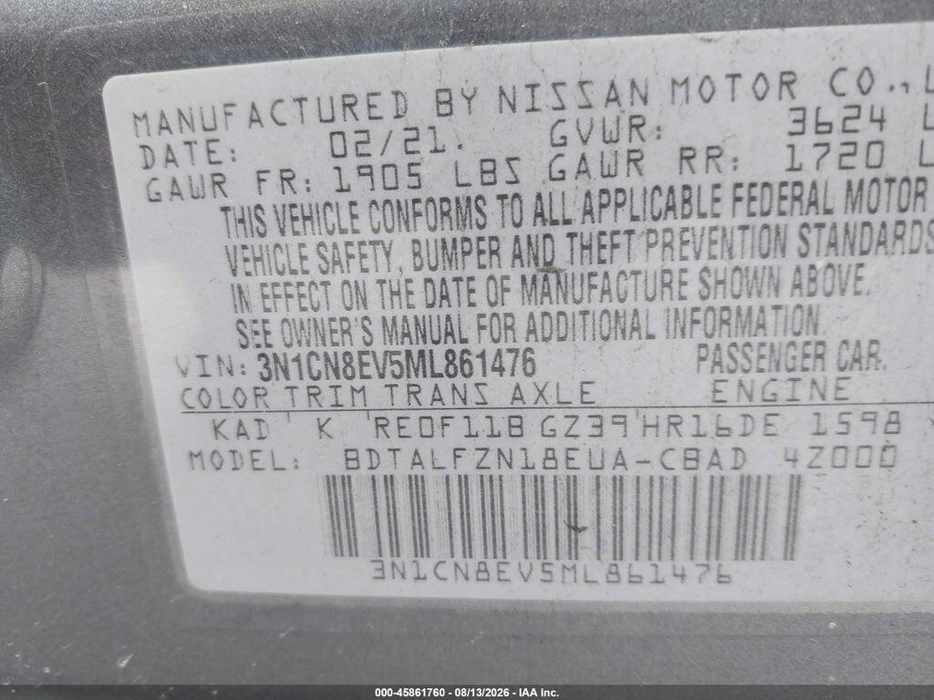 3N1CN8EV5ML861476 2021 NISSAN VERSA photo no. 9