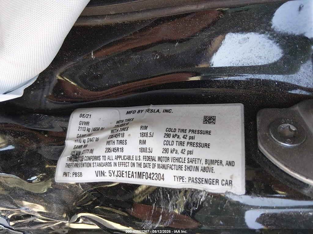 5YJ3E1EA1MF042304 2021 TESLA MODEL 3 photo no. 9