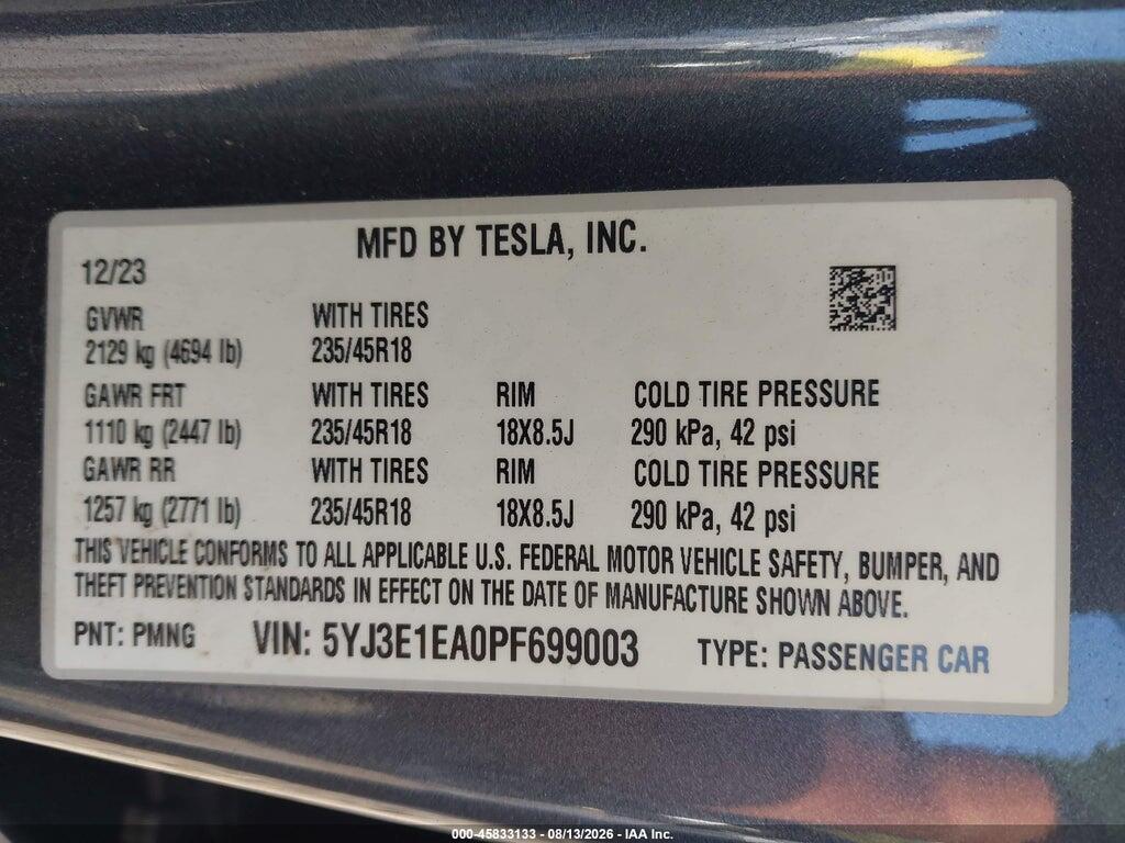5YJ3E1EA0PF699003 2023 TESLA MODEL 3 photo no. 9