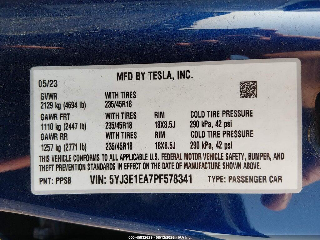5YJ3E1EA7PF578341 2023 TESLA MODEL 3 photo no. 9