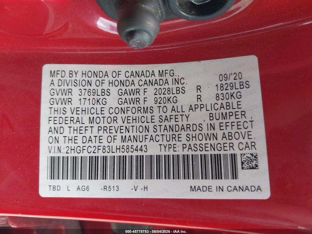 2HGFC2F83LH585443 2020 HONDA CIVIC photo no. 9