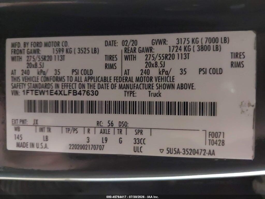 1FTEW1E4XLFB47630 2020 FORD F-150 photo no. 9