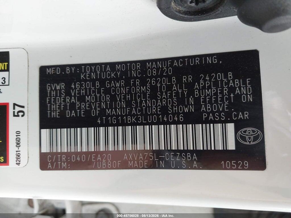 4T1G11BK3LU014046 2020 TOYOTA CAMRY photo no. 9