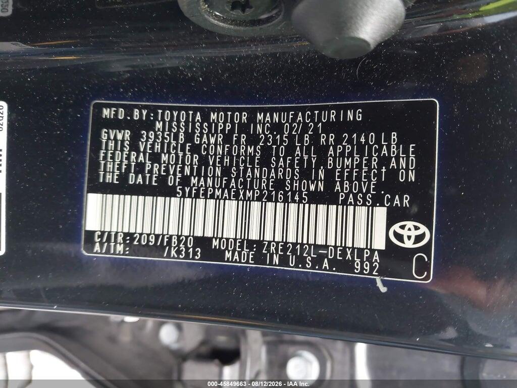 5YFEPMAEXMP216145 2021 TOYOTA COROLLA photo no. 9