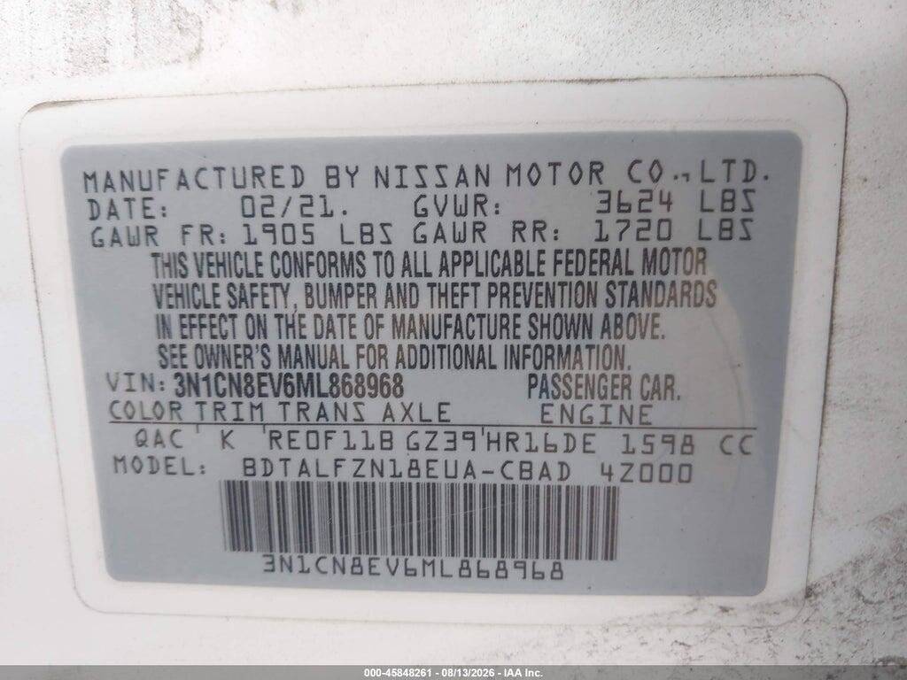 3N1CN8EV6ML868968 2021 NISSAN VERSA photo no. 9