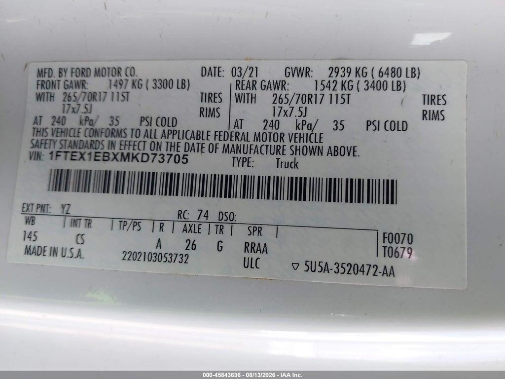1FTEX1EBXMKD73705 2021 FORD F-150 photo no. 9