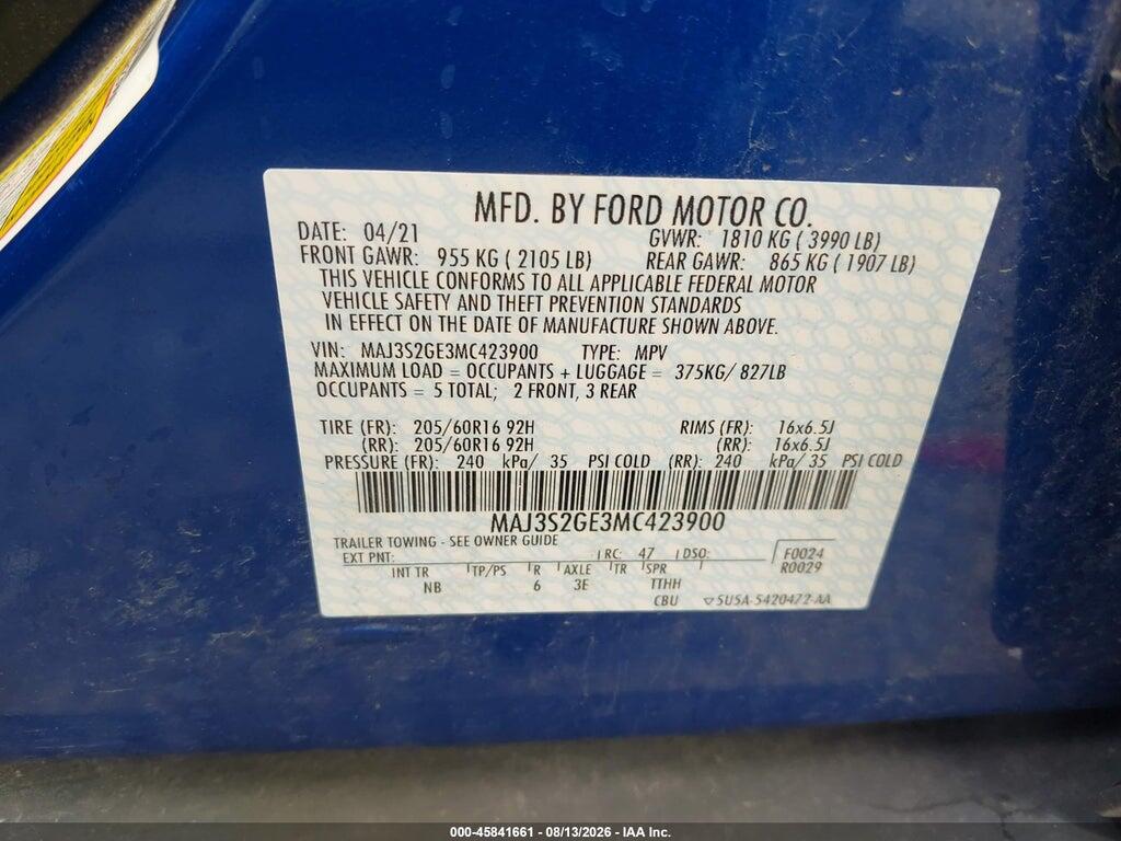 MAJ3S2GE3MC423900 2021 FORD ECOSPORT photo no. 9