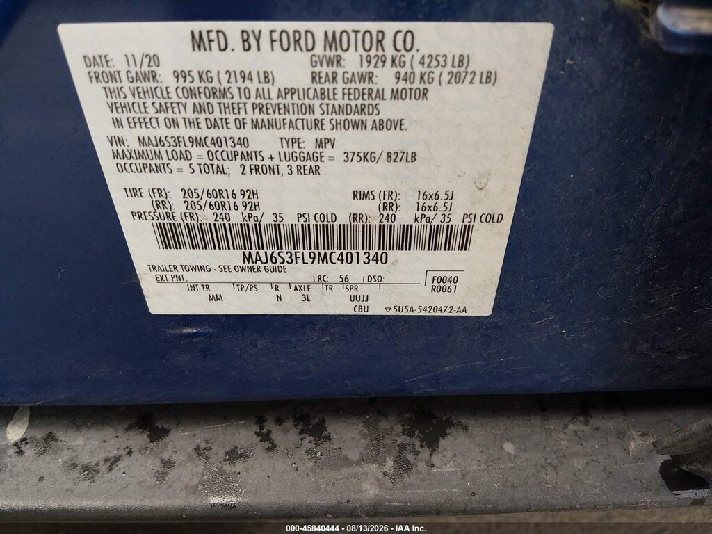 MAJ6S3FL9MC401340 2021 FORD ECOSPORT photo no. 9