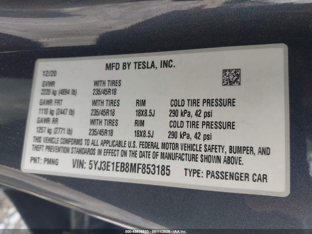 5YJ3E1EB8MF853185 2021 TESLA MODEL 3 photo no. 9