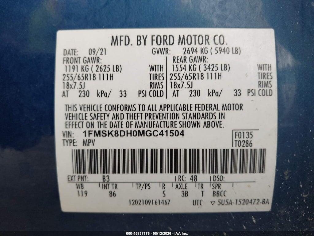1FMSK8DH0MGC41504 2021 FORD EXPLORER photo no. 9