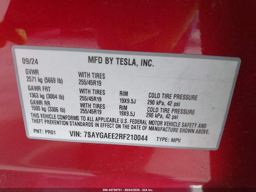 7SAYGAEE2RF210044 2024 TESLA MODEL Y photo no. 9