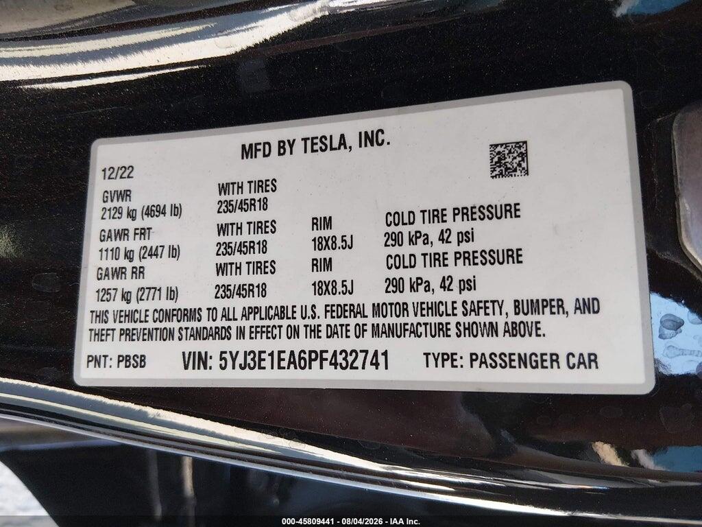 5YJ3E1EA6PF432741 2023 TESLA MODEL 3 photo no. 9