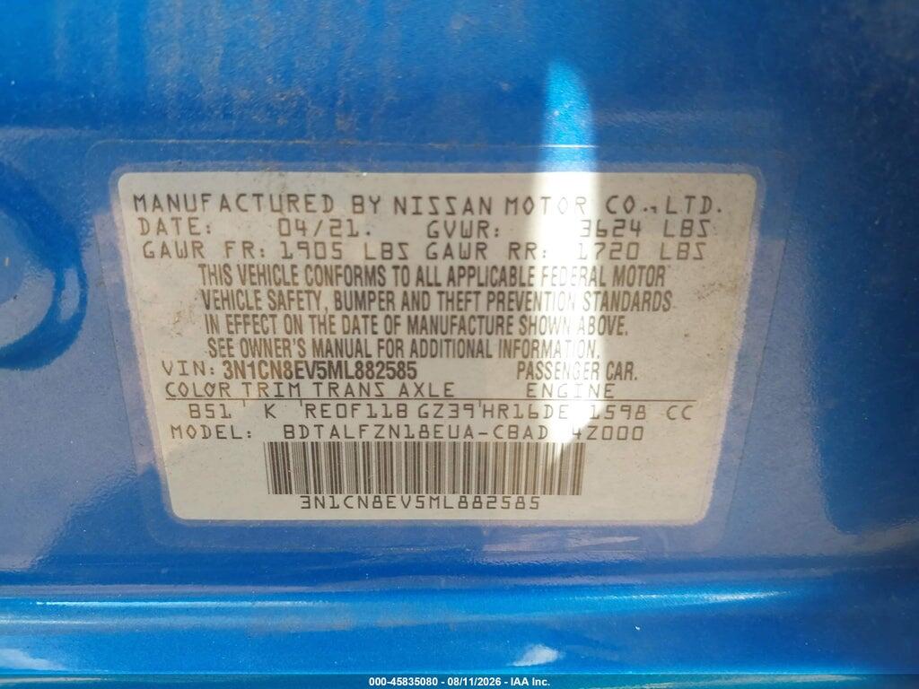 3N1CN8EV5ML882585 2021 NISSAN VERSA photo no. 9