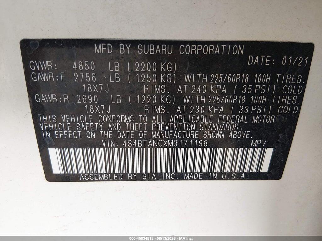 4S4BTANCXM3171198 2021 SUBARU OUTBACK photo no. 9