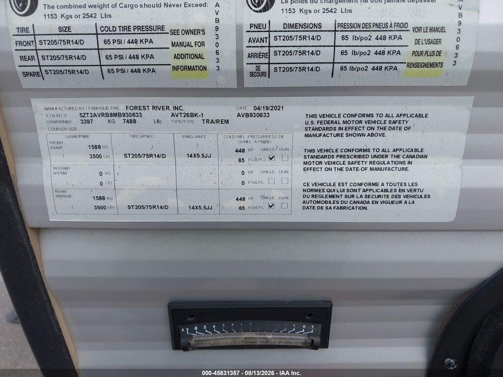 5ZT2AVRB8MB930633 2021 FOREST RIVER PRIMETIME AVENGER AV photo no. 9