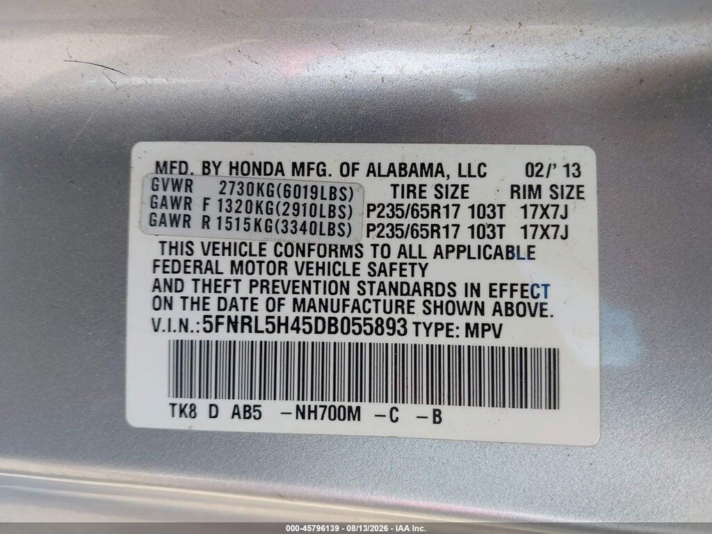 5FNRL5H45DB055893 2013 HONDA ODYSSEY photo no. 9