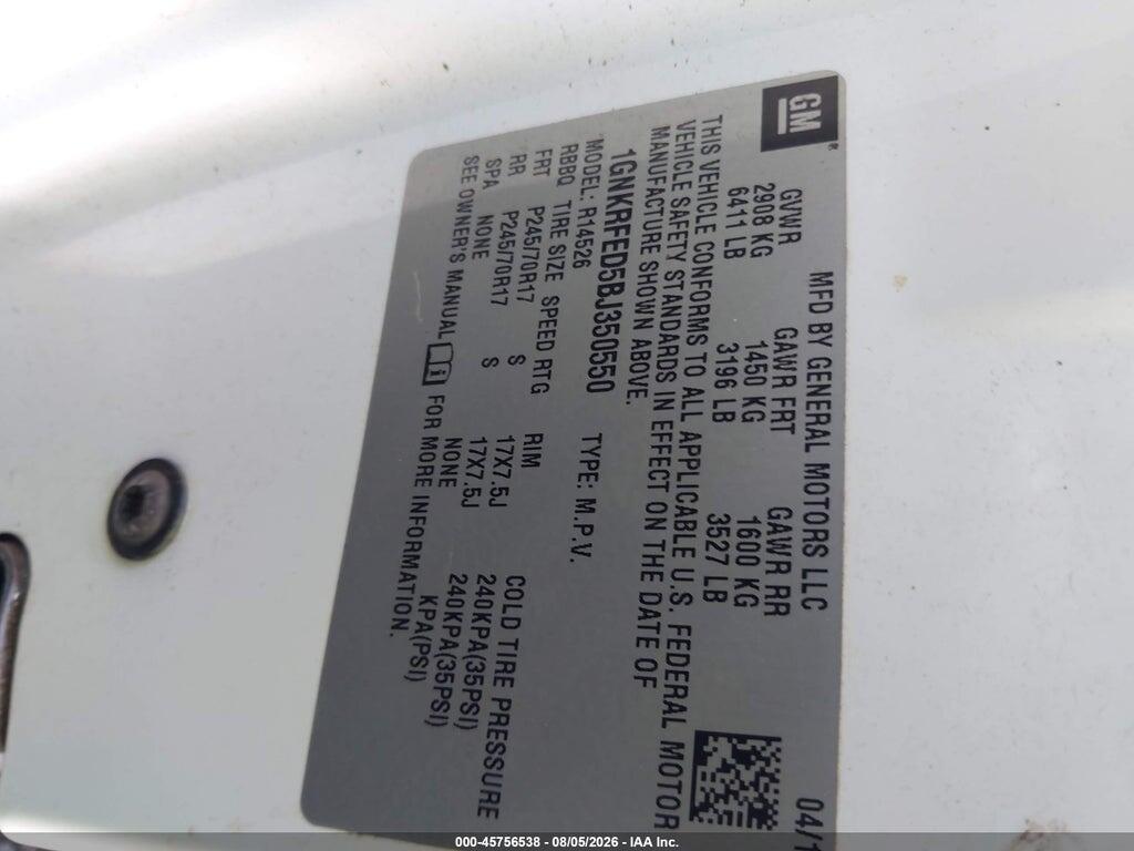 1GNKRFED5BJ350550 2011 CHEVROLET TRAVERSE photo no. 9