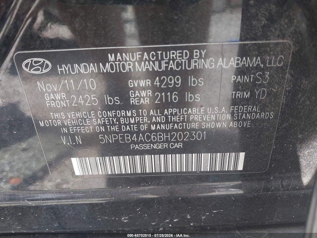 5NPEB4AC6BH202301 2011 HYUNDAI SONATA photo no. 9