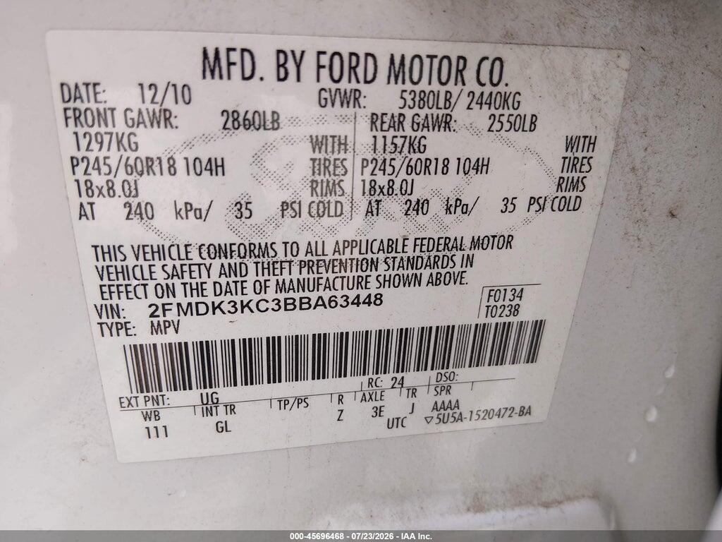 2FMDK3KC3BBA63448 2011 FORD EDGE photo no. 9