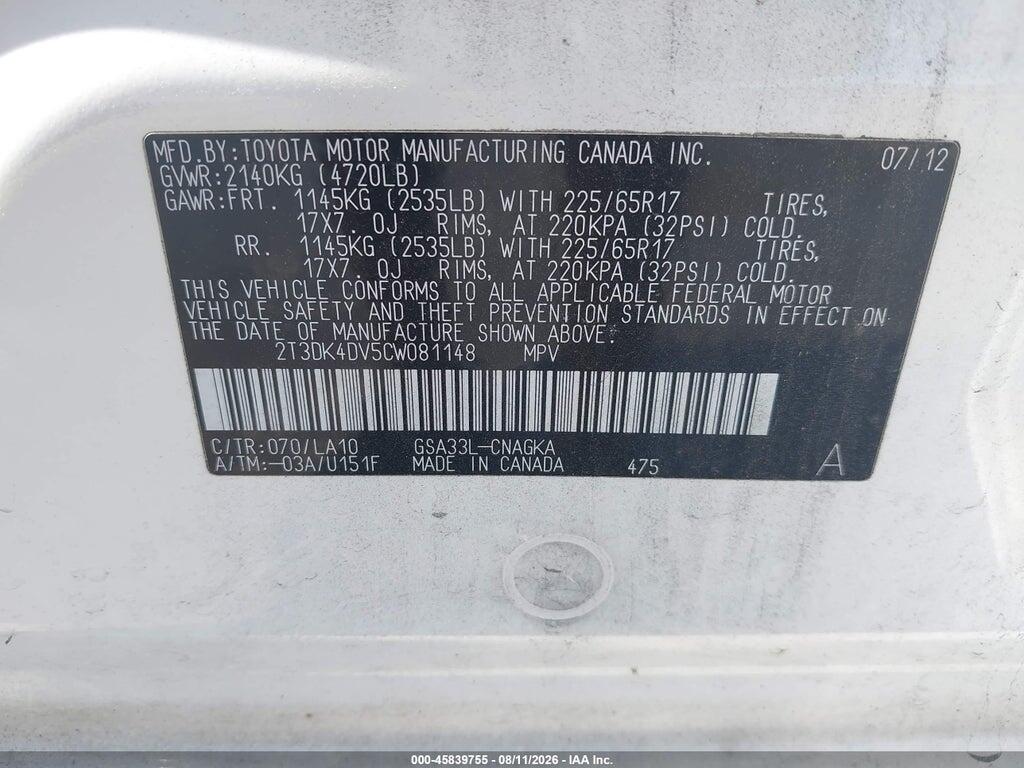 2T3DK4DV5CW081148 2012 TOYOTA RAV4 photo no. 9