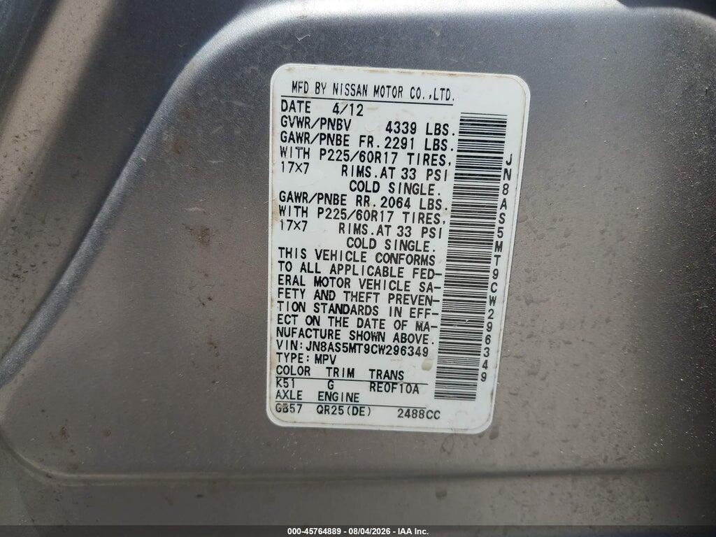 JN8AS5MT9CW296349 2012 NISSAN ROGUE photo no. 9