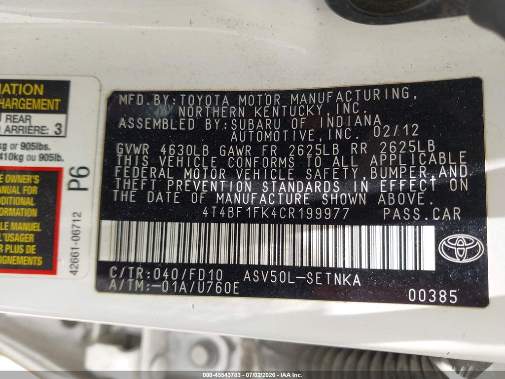 4T4BF1FK4CR199977 2012 TOYOTA CAMRY photo no. 9